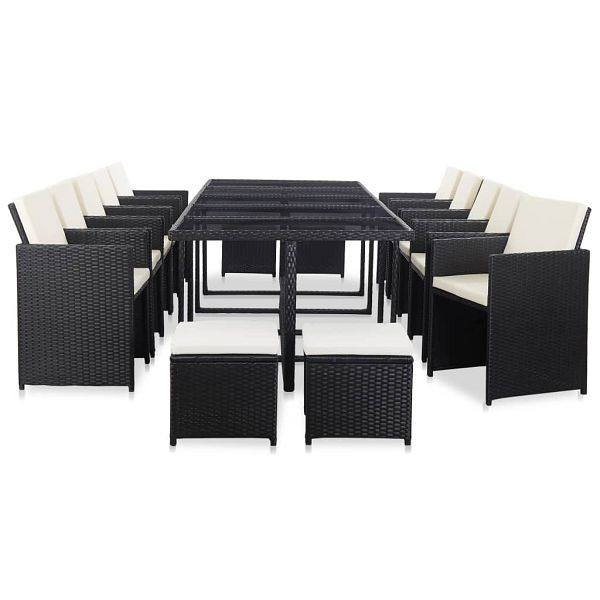 vidaXL 15-teilig Garten-Essgruppe mit Kissen Poly Rattan Schwarz, 46420