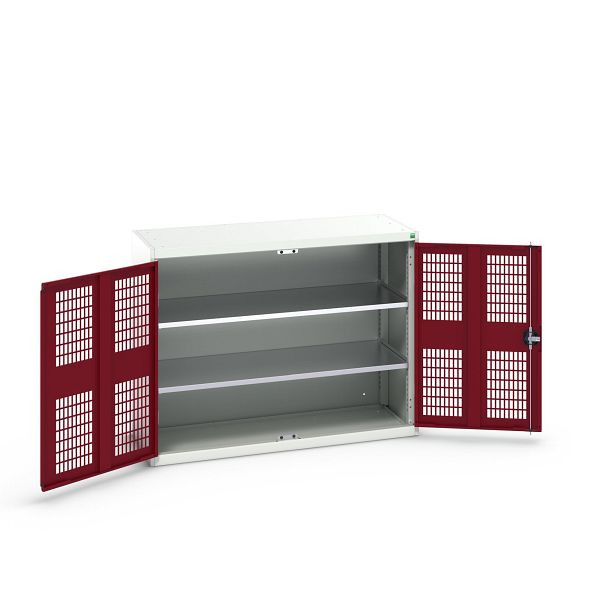 bott verso Flügeltürschrank mit Belüftung, mit 2 Fachböden, BxTxH: 1300 x 550 x 1000 mm, Lichtgrau / Purpurrot, 16926782.24