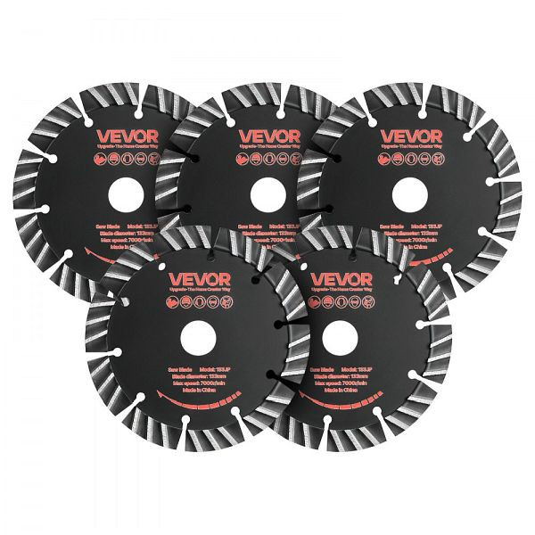 VEVOR 5 Stk. Diamanttrennscheiben 133 mm, 20 mm Bohrung, 13 mm Segmenthöhe, Trocken/Nass für Beton Mauerwerk Stein, HNTJDP133MM09U79K001V0