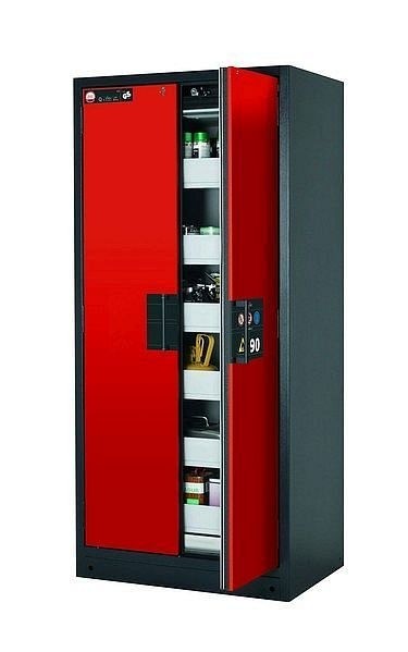 asecos Sicherheitsschrank Q-CLASSIC-90, Q90.195.090 in verkehrsrot RAL 3020 mit 6x Auszugswanne Standard (Stahlblech), 30041-046-30055