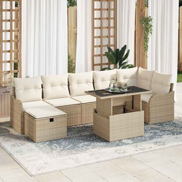 vidaXL Garten-Sofa-Set mit Kissen mit Speicher 8-teilig Beige Poly-Rattan, 3359728