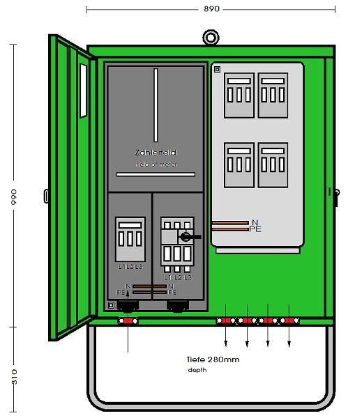 Elektra Tailfingen Anschlussschrank 55 kVA mit Zählerplatz mit 4 NH Abgängen, A 80-1Z-4 AB, 183052