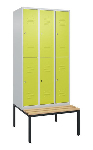 C+P Doppelstöckiger Spind Classic PLUS, 3 Abteile, 2120x900x815mm, 7035/0024, Zylinderschlösser, Buche-Sitzleisten, Sitzbank, 0803507-30 S10100