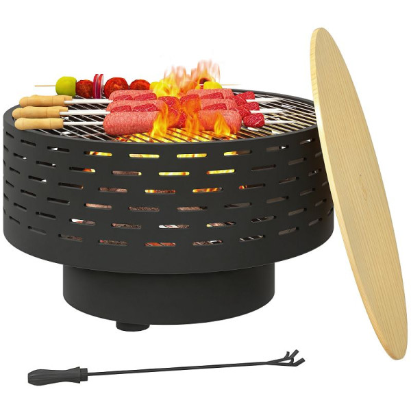 Outsunny 3-in-1 Feuerstelle Ø 60 x 39cm aus Edelstahl Feuerstelle mit Grillrost Funkenschutz Schürhaken Kohlegrau, 842-375V00CG