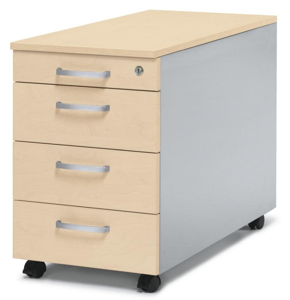 Deskin Rollcontainer CONCEPT LINE, Ahorndekor, Korpus Alusilber, B 396 x H 595 x T 790 mm, 1 Materialschub Kunststoff, 3 Schübe Metall, Schloss, 270262