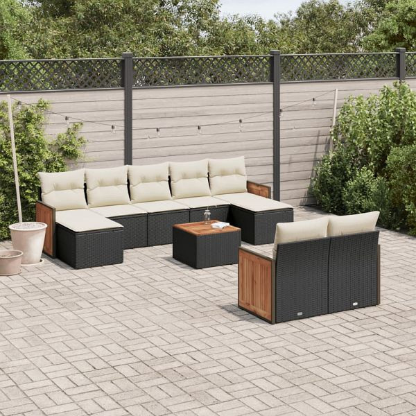 vidaXL 10-tlg. Garten-Sofagarnitur mit Kissen Schwarz Poly Rattan, 3260488