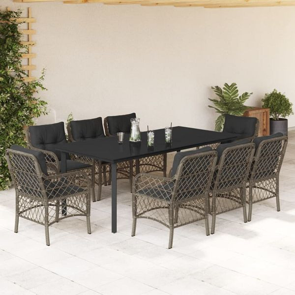 vidaXL 9-teilig Garten-Essgruppe mit Kissen Grau Poly Rattan, 3212137