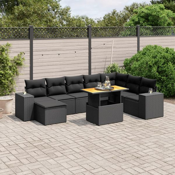 vidaXL 9-teilig Garten-Sofagarnitur mit Kissen Schwarz Poly Rattan, 3272770