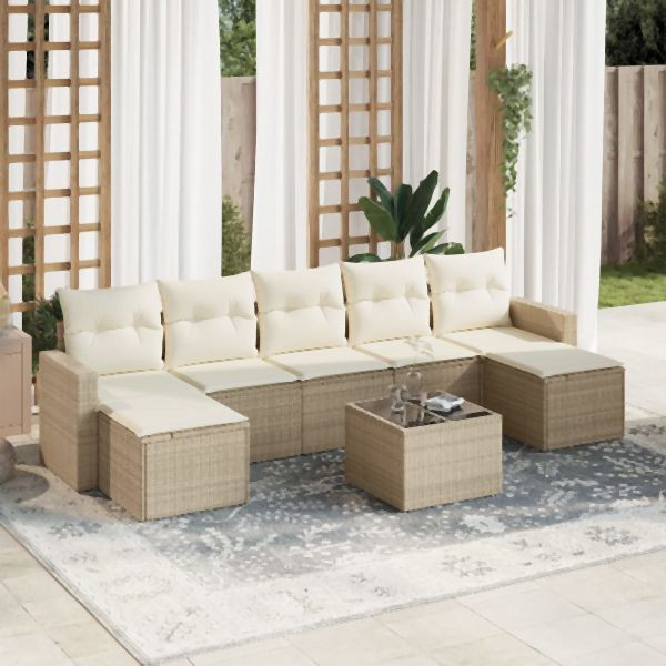 vidaXL 8-tlg. Garten-Sofagarnitur mit Kissen Beige Poly Rattan, 3219338