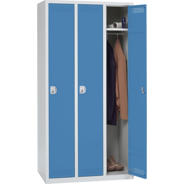 Deskin Garderoben-Stahlspind SP PROFI SYSTEM, 3 Abteile 300 mm, Drehriegel, Lichtgrau x lichtblau, H 1700 x B 870 x T 500 mm, Gewicht 54 kg, 225710