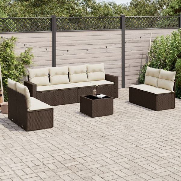vidaXL 9-tlg. Garten-Sofagarnitur mit Kissen Braun Poly Rattan, 3251200