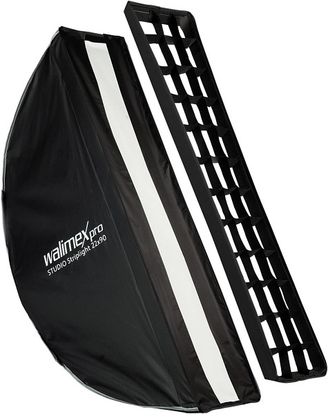 Walimex pro Studio Striplight Softbox 22 x 90 cm, Lichtformer um 360° drehbar, einfacher Aufbau dank Schirmfunktion, inkl. Grid, Maske, 1023436