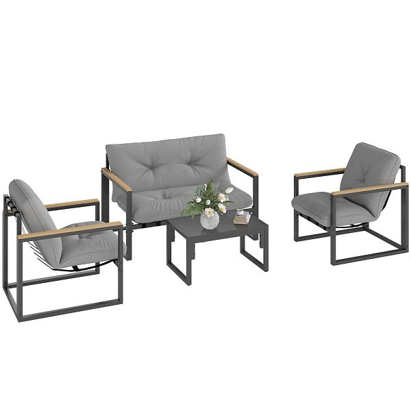 Outsunny Gartenmöbel Set 4 Personen wetterfest Balkonmöbel-Set mit 2er Sofa, Sessel Sitzkissen Hellgrau, 84G-666V02GY