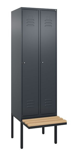 C+P Umkleidespind Classic PLUS, 2 Abteile, 2120x600x815mm, 7016/7016, Zylinderschlösser, Buche-Sitzleisten, 3 Doppel-Haken, 0800407-20 S10058