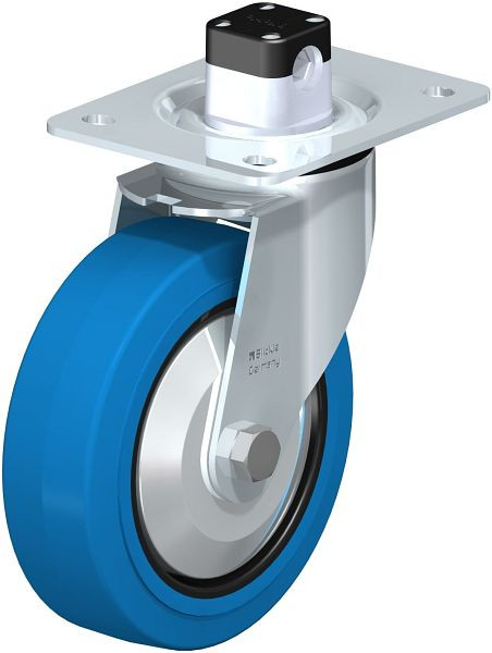 Blickle LE-POEV 160XR-CS11-SB-FA Stahlblech-Lenkrolle mit Anschraubplatte & Zentralfeststeller, Elastik-Vollgummi, Blau, 850168