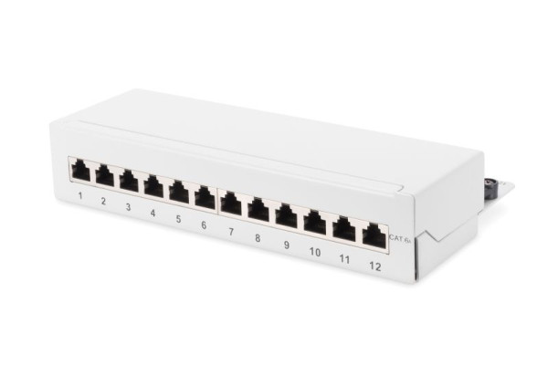 DIGITUS Desktop CAT 6A, Patch Panel, geschirmt Klasse EA, 12-port RJ45, 8P8C, LSA, grau RAL 7035, DN-91612SD-EA-G