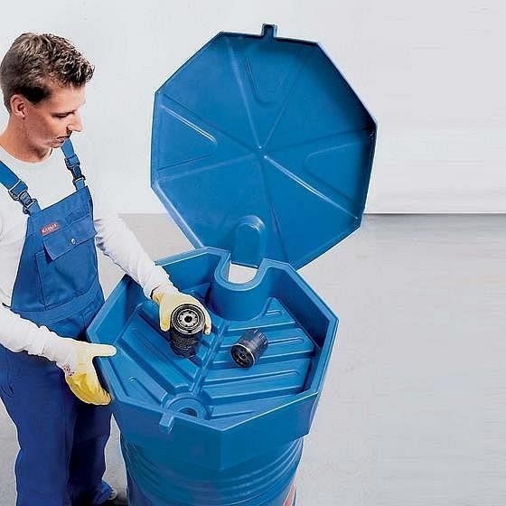 asecos Fasstrichter aus Polyethylen, hohem Rand, mit Deckel, mit Sieb, elektrisch leitfähig, 23119