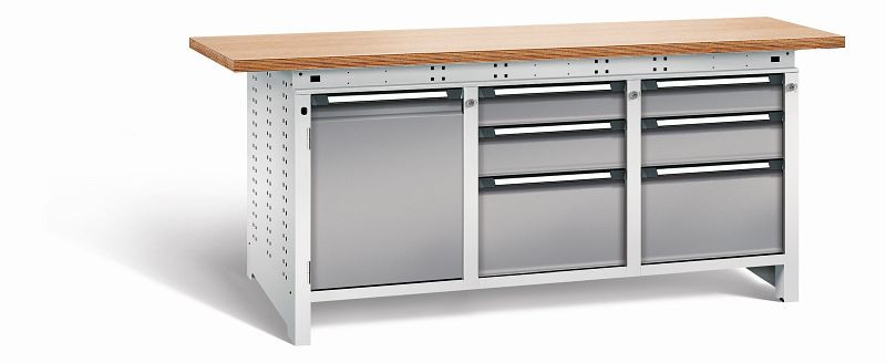 Otto Kind Werkbank Serie function Typ 311, Multiplexplatte 40 mm, überstehend, 2x Unterbau + mittleres Feld, Gehäuse RAL 7035, Front RAL 7037, 072366267