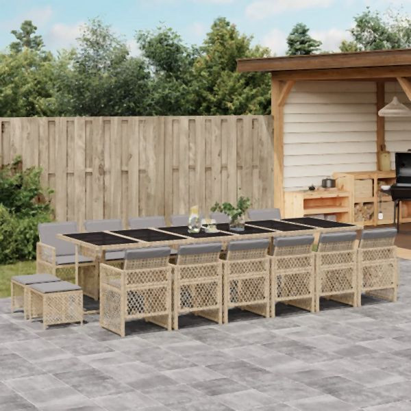 vidaXL 17-tlg. Garten-Essgruppe mit Kissen Beige Poly Rattan, 3210828