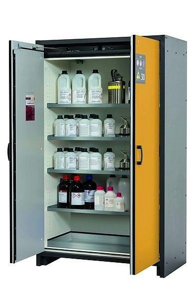 asecos Sicherheitsschrank Q-CLASSIC-30, Q30.195.116 in sicherheitsgelb RAL 1004 mit 4x Fachboden (Edelstahl), 31003-060-30011