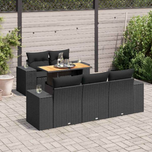 vidaXL 6-tlg. Garten-Sofagarnitur mit Kissen Schwarz Poly Rattan, 3327324