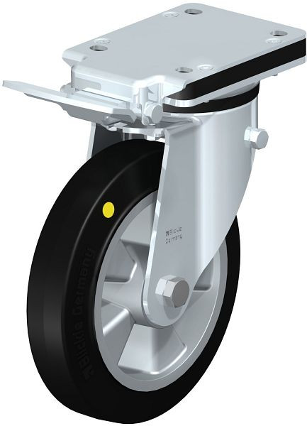 Blickle LK-ALEV 200K-IS-EL Stahlblech-Lenkrolle, schwere Ausführung, mit Anschraubplatte & Feststeller, Elastik-Vollgummi, Schwarz, 852002