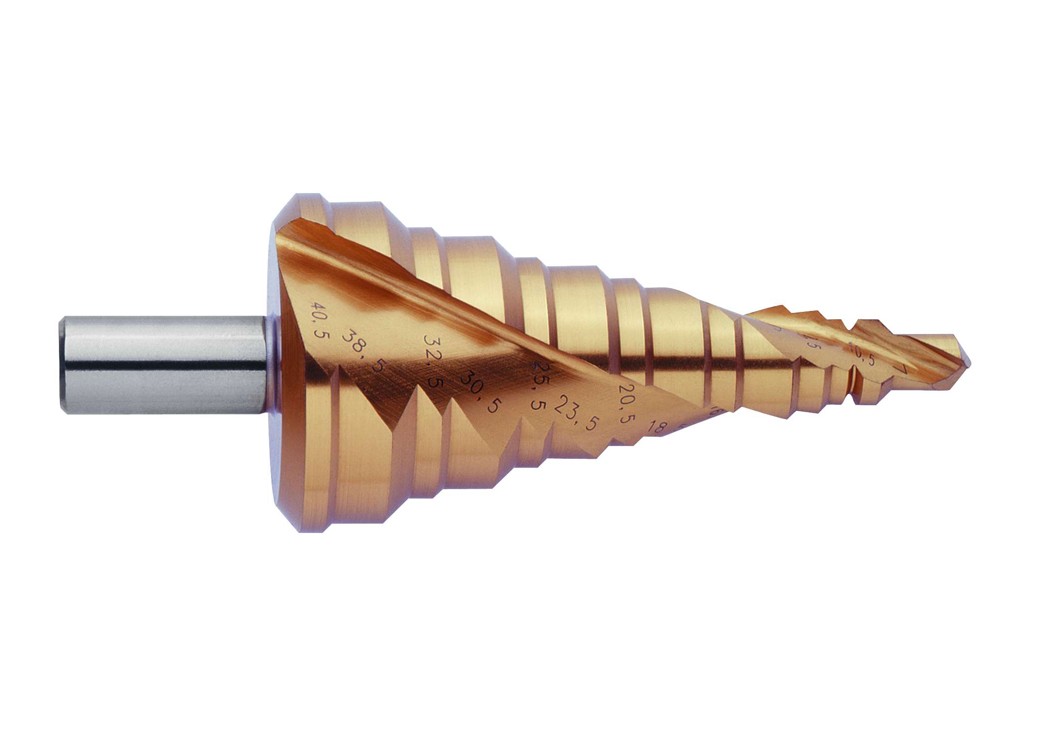 HSS-XE + BLUE-DUR beschichteter Stufenbohrer für Kabelschraubungen, Durchmesser 7-40,5 mm, CBN geschliffen, 2 Schneiden HSS-XE + BLUE-DUR beschichteter Stufenbohrer für Kabelschraubungen, Durchmesser 7-40,5 mm, CBN geschliffen, 2 Schneiden