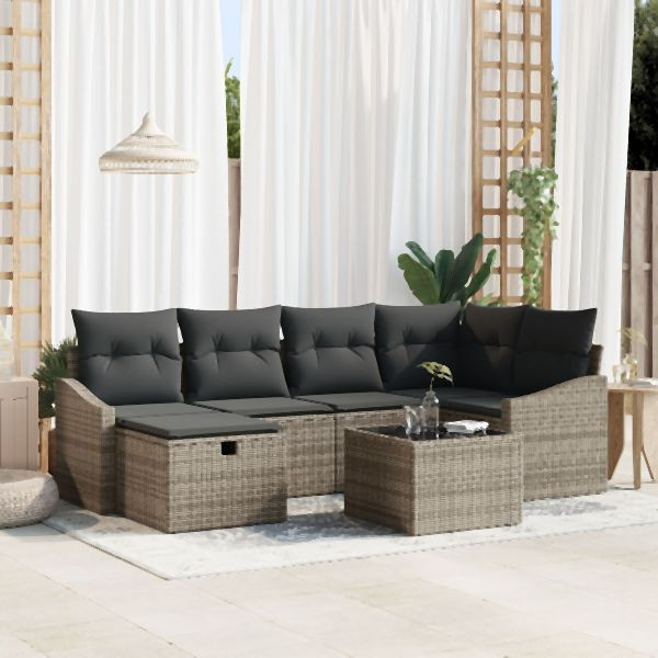 vidaXL 7-teiliges Garten-Sofaset mit Kissen Grau Poly-Rattan, 3359288