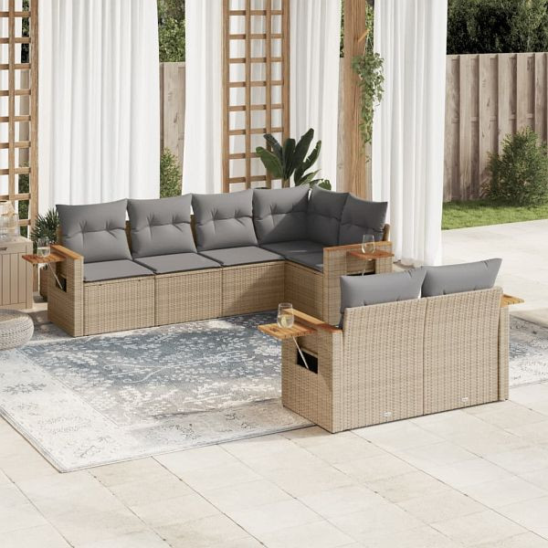 vidaXL 7-teilig Garten-Sofagarnitur mit Kissen Beige Poly Rattan, 3226983