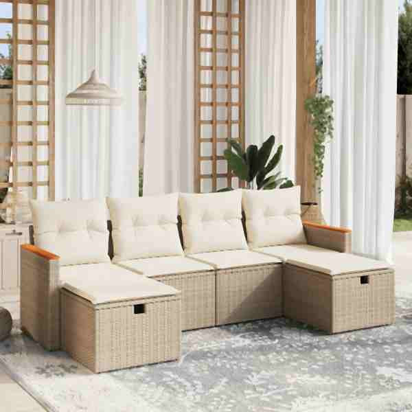 vidaXL 6-tlg. Garten-Sofagarnitur mit Kissen Beige Poly Rattan, UV-beständig, 3265342