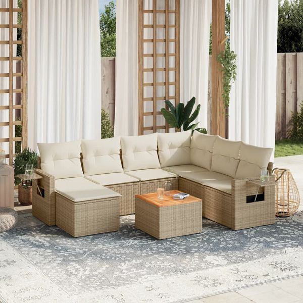 vidaXL 8-teilig Garten-Sofagarnitur mit Kissen Beige Poly Rattan, 3257010