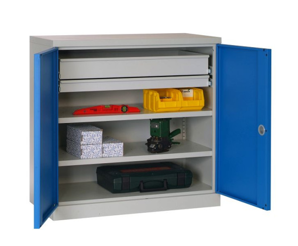 SOFAME ausgestatteter Werkstattschrank 1000x500x1000 mm, mit 1 Schublade (890x100) + 1 Schublade (890x65) + 2 Fachböden, Lichtgrau RAL 7035, W030090037GCGC