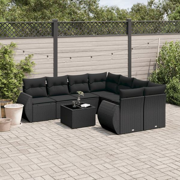 vidaXL 9-tlg. Garten-Sofagarnitur mit Kissen Schwarz Poly Rattan, 3221154