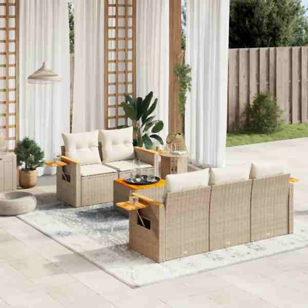 vidaXL 6-tlg. Garten-Sofagarnitur mit Kissen Beige Poly Rattan, UV-beständig, 3259027