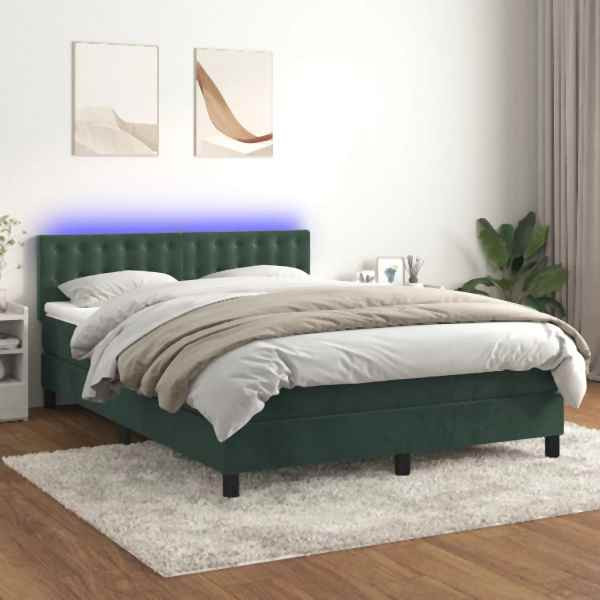 vidaXL Boxspringbett mit Matratze & LED Dunkelgrün 140x190 cm Samt, 3134642
