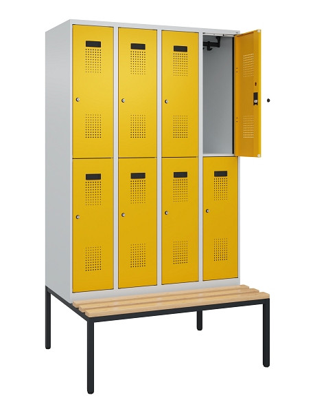 C+P Doppelstock-Spind Evolo PLUS, Bank, 8 Fächer, 2120x1200x815mm, 7035/1004, Zylinderschloss, Sitzfläche Buche-Hartholz, Sitzbank, 0493507-40 S10027