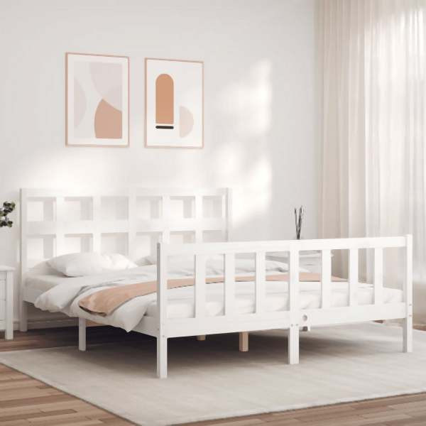 vidaXL Massivholzbett mit Kopfteil Weiß 160x200 cm, 3193022