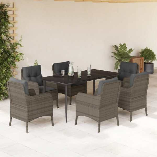 vidaXL 7-tlg. Garten-Essgruppe mit Kissen Grau Poly Rattan, UV-beständig, 3211952