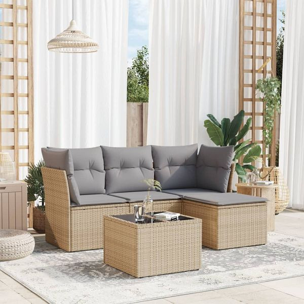 vidaXL 5-tlg. Garten-Sofagarnitur mit Kissen Beige Poly Rattan, 3217549