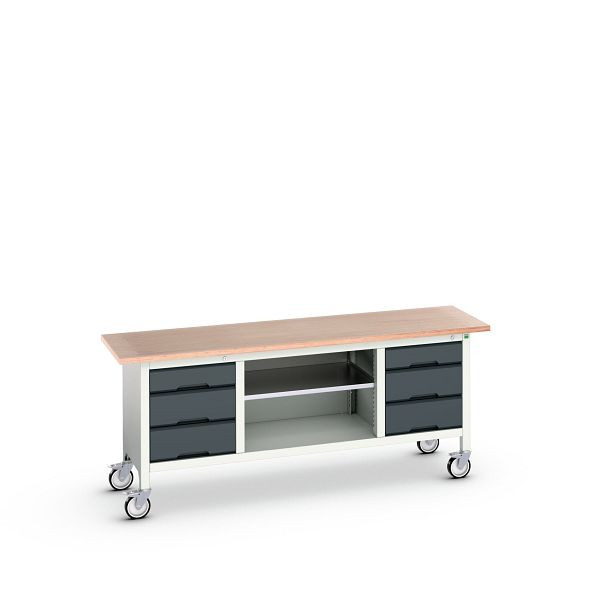 bott verso mobile Kastenwerkbank (Multiplex) mit 6 Schubladen und 1 Ablageboden, BxTxH: 2000 x 600 x 830 mm, Lichtgrau / Anthrazitgrau, 16923234.19