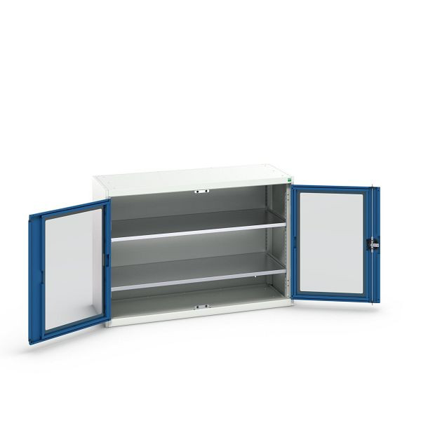 bott verso Flügeltürschrank mit Sichtfenster, mit 2 Fachböden, BxTxH: 1300 x 550 x 900 mm, Lichtgrau / Enzianblau, 16926661.11