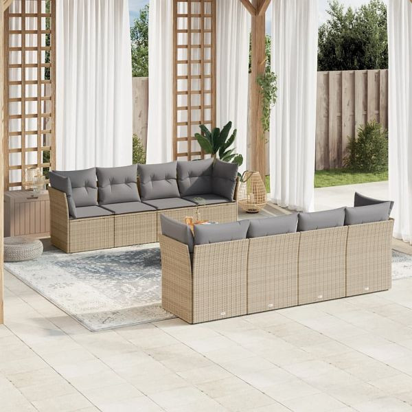 vidaXL 9-teilig Garten-Sofagarnitur mit Kissen Beige Poly Rattan, 3223525