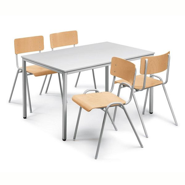 Deskin SET: 1 Tisch, 4 Stapelstühle Holz, Tisch B 1200 x T 700 x H 720 mm, Gestelle Lichtgrau RAL 7035, 276009