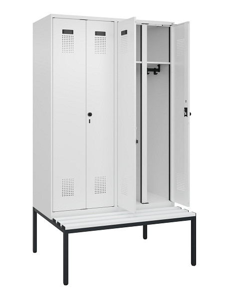 C+P Schwarz-Weiß-Spind Evolo PLUS, Bank, 4 Abteile, 2120x1200x815mm, 9016/9016, Drehriegel, Sitzfläche Kunststoff, Sitzbank, 0490527-40 S10074