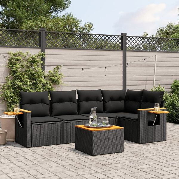 vidaXL 6-teilig Garten-Sofagarnitur mit Kissen Schwarz Poly Rattan, 3259192