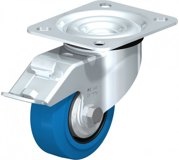 Blickle LE-POEV 80R-FI-SB-FA Stahlblech-Lenkrolle mit Anschraubplatte & Feststeller, Elastik-Vollgummi, Blau, 710046