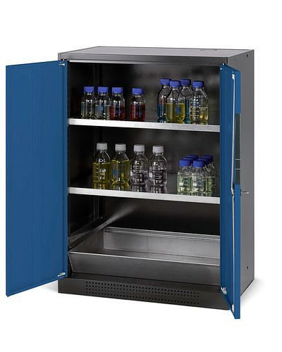 asecos Chemikalienschrank Systema CS-82, Korpus anthrazit, blau, 2 Einlegeböden und Bodenwanne, 202585