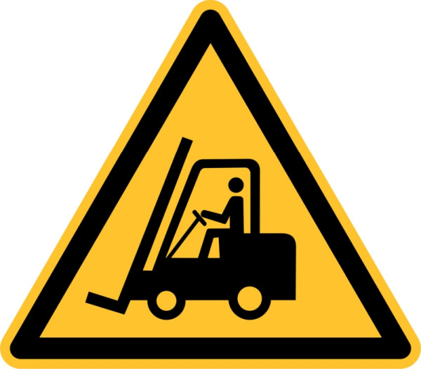 Eichner Warnschild "Warnung vor Flurförderfahrzeugen", Seitenlänge 10 cm, PVC-Folie, selbstklebend für Innen- und Außenbereiche, 9225-12030-010