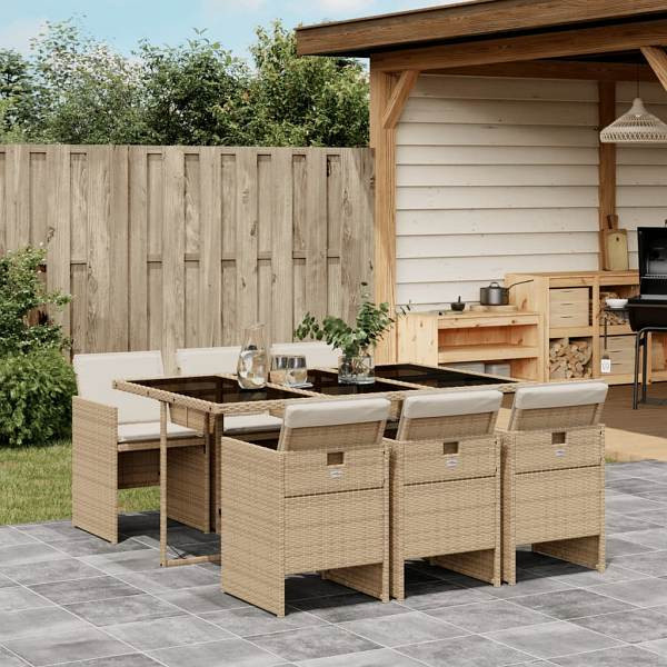 vidaXL 7-tlg. Garten-Essgruppe mit Kissen Beige Poly Rattan, UV-beständig, 3277677