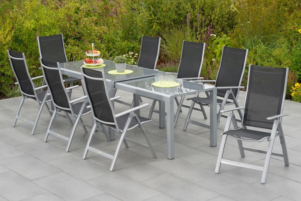 Merxx Carrara Set 9-teilig, 8 Klappsessel, 1 Flex Ausziehtisch, 160/160 x 78/75 x78/74,5 cm, Silber/schwarz, 50697-219